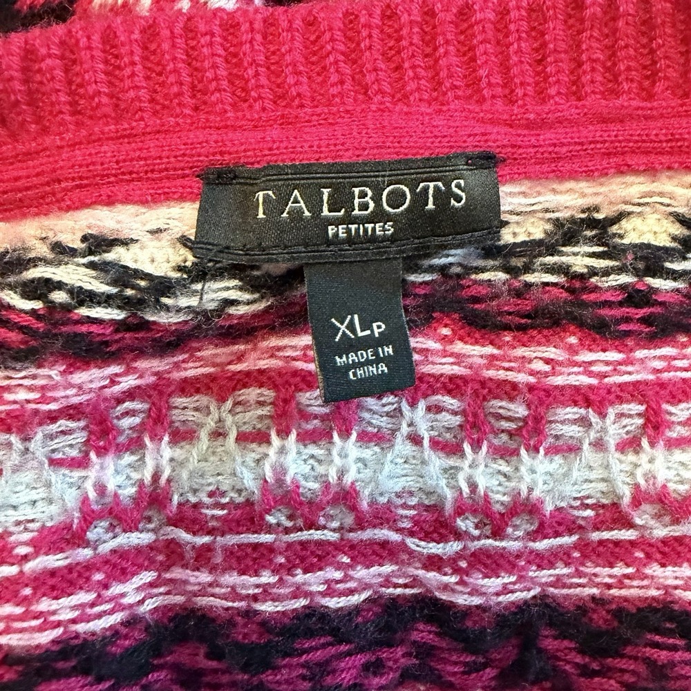 Talbots Petite XLP Pink Lambswool Blend Fair Isle Cardigan Cottage Ski Chic Prep - Picture 10 of 12
